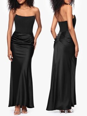 NEW Betsy & Adam BLACK Debra STRAPLESS Bustier SCUBA CREPE SATIN Draped GOWN